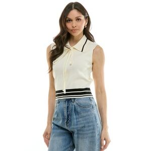1131 • Soft Knit Ivory Sleeveless Bow Neck Collared Top w/Black Stripe Contrast
